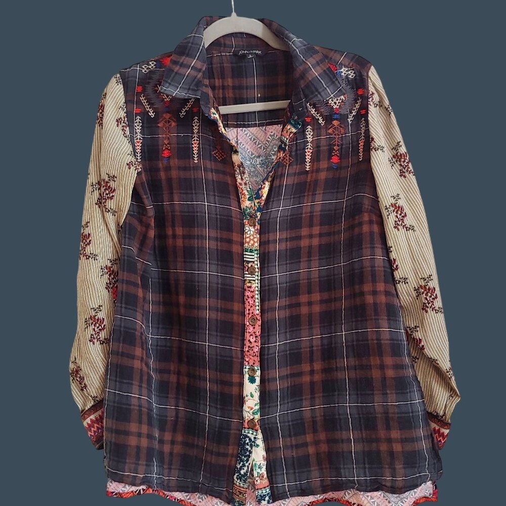 John Mark Plaid Southwest Native Contrasting Floral Embroidered Top L Aztec